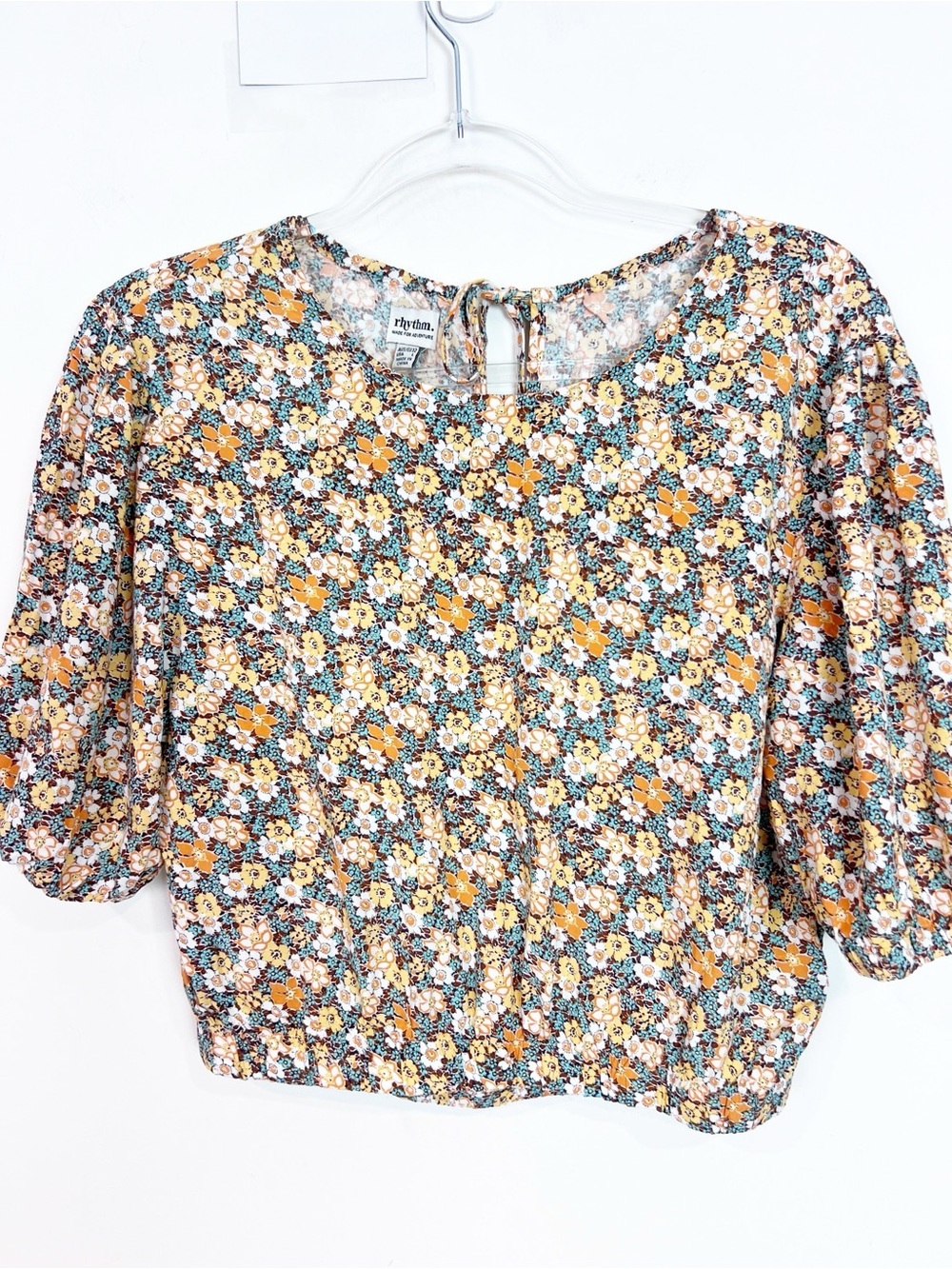 RHTHYM BLUE ORANGE BROWN FLORAL SHIRT ELASTIC HEM WOMENS SZ LARGE